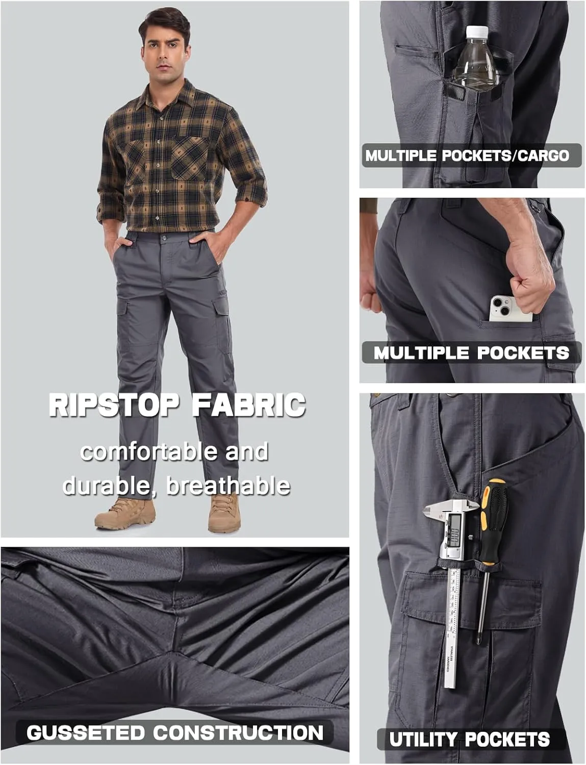 Mens Cargo Work Pants Durable Ripstop Tactical Pants with 7 Pockets Outdoor Water Resistant Hiking Woking Construction Pants