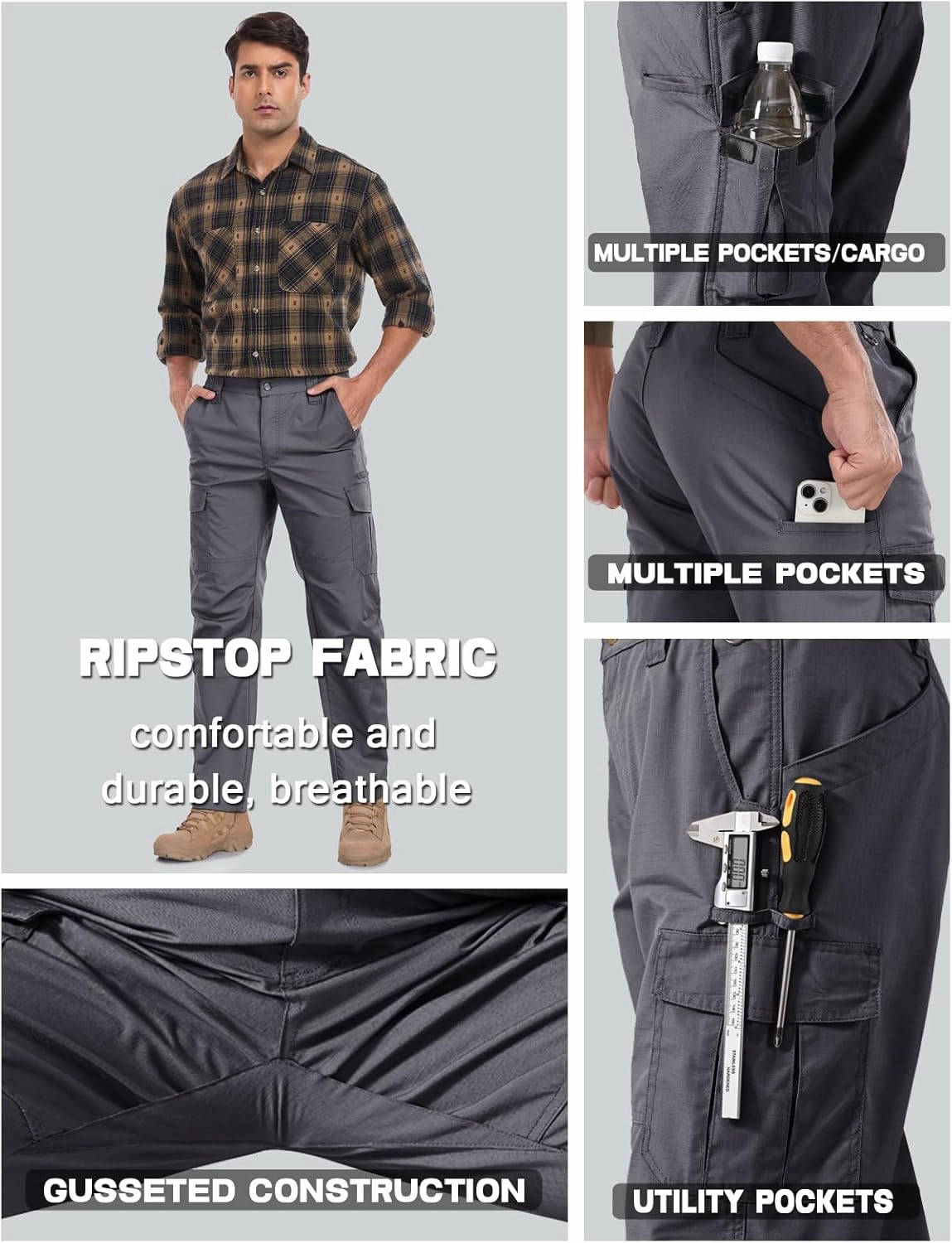 Mens Cargo Work Pants Durable Ripstop Tactical Pants with 7 Pockets Outdoor Water Resistant Hiking Woking Construction Pants