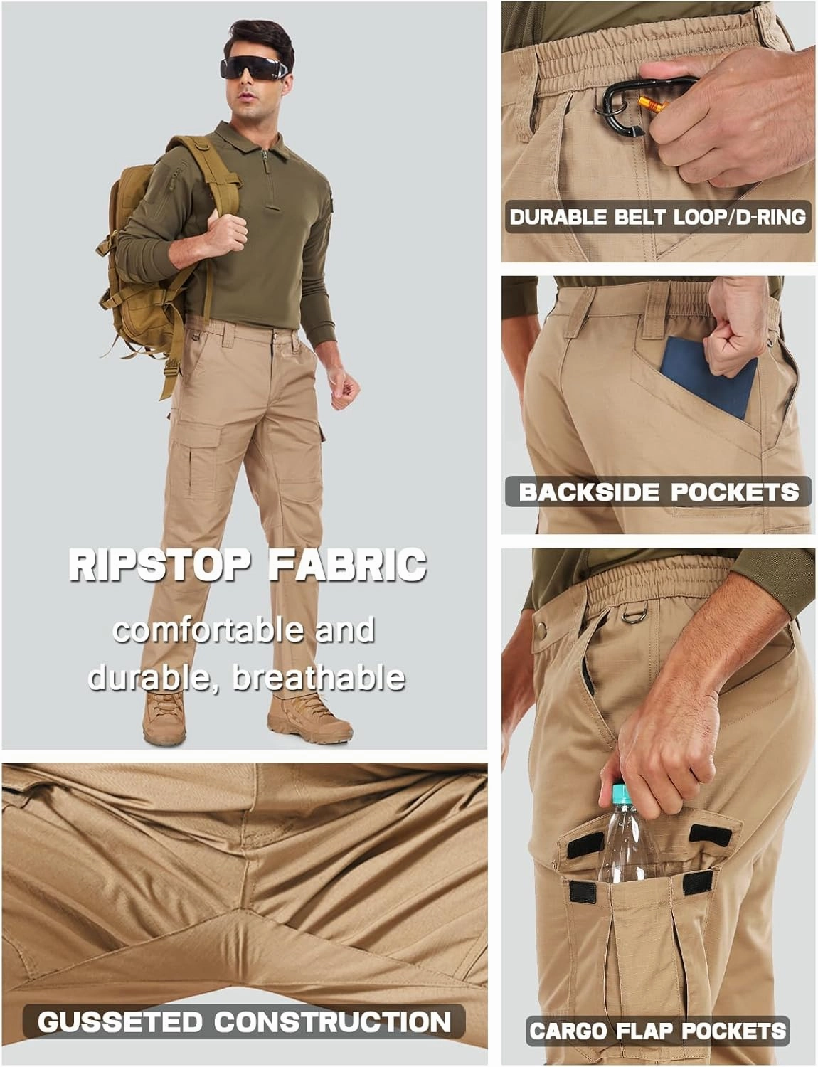 Mens Cargo Work Pants Durable Ripstop Tactical Pants with 7 Pockets Outdoor Water Resistant Hiking Woking Construction Pants