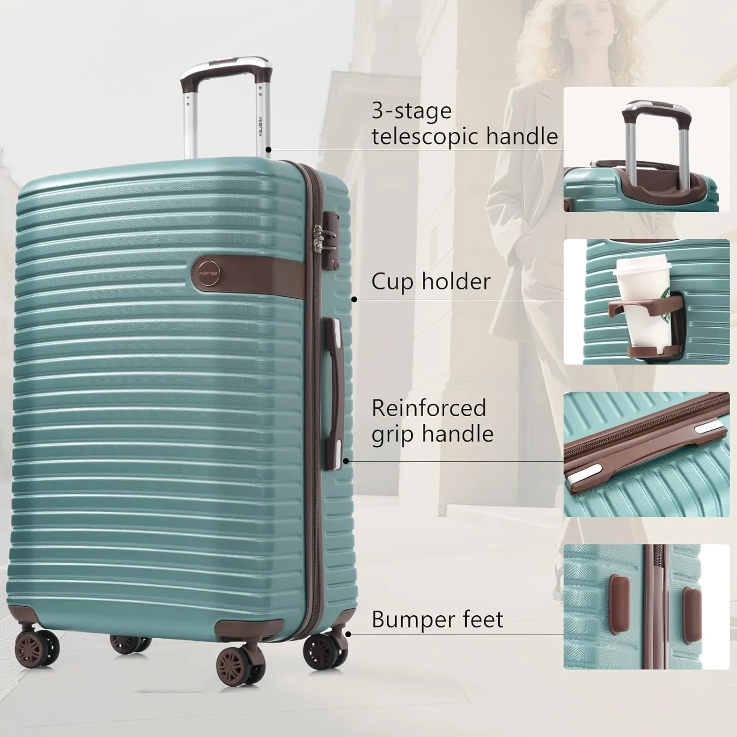 Merax Hardshell Luggage Set with TSA Lock, 20-Inch Airline Approved Carry-On with Cup Holder, 28" Checked Suitcase, Lightweight Spinner Luggage for Travel (Blue, 20/28)