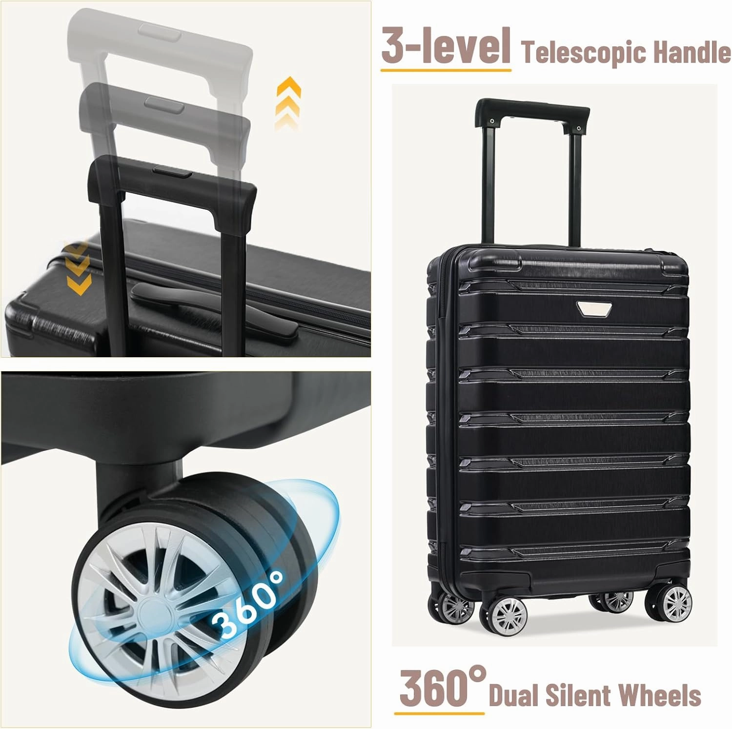 Merax Hardshell Sets ABS Suitcase for Women 3Pc Carry On Luggage, Jet Black, 20/24/28 Inch
