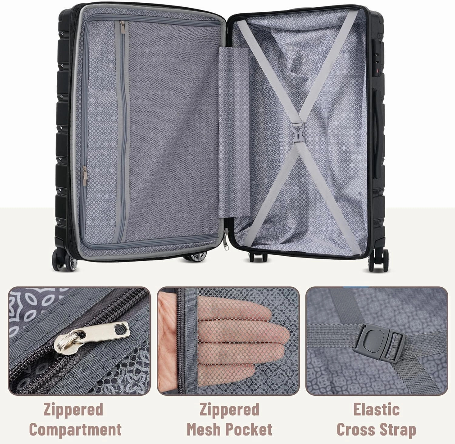 Merax Hardshell Sets ABS Suitcase for Women 3Pc Carry On Luggage, Jet Black, 20/24/28 Inch
