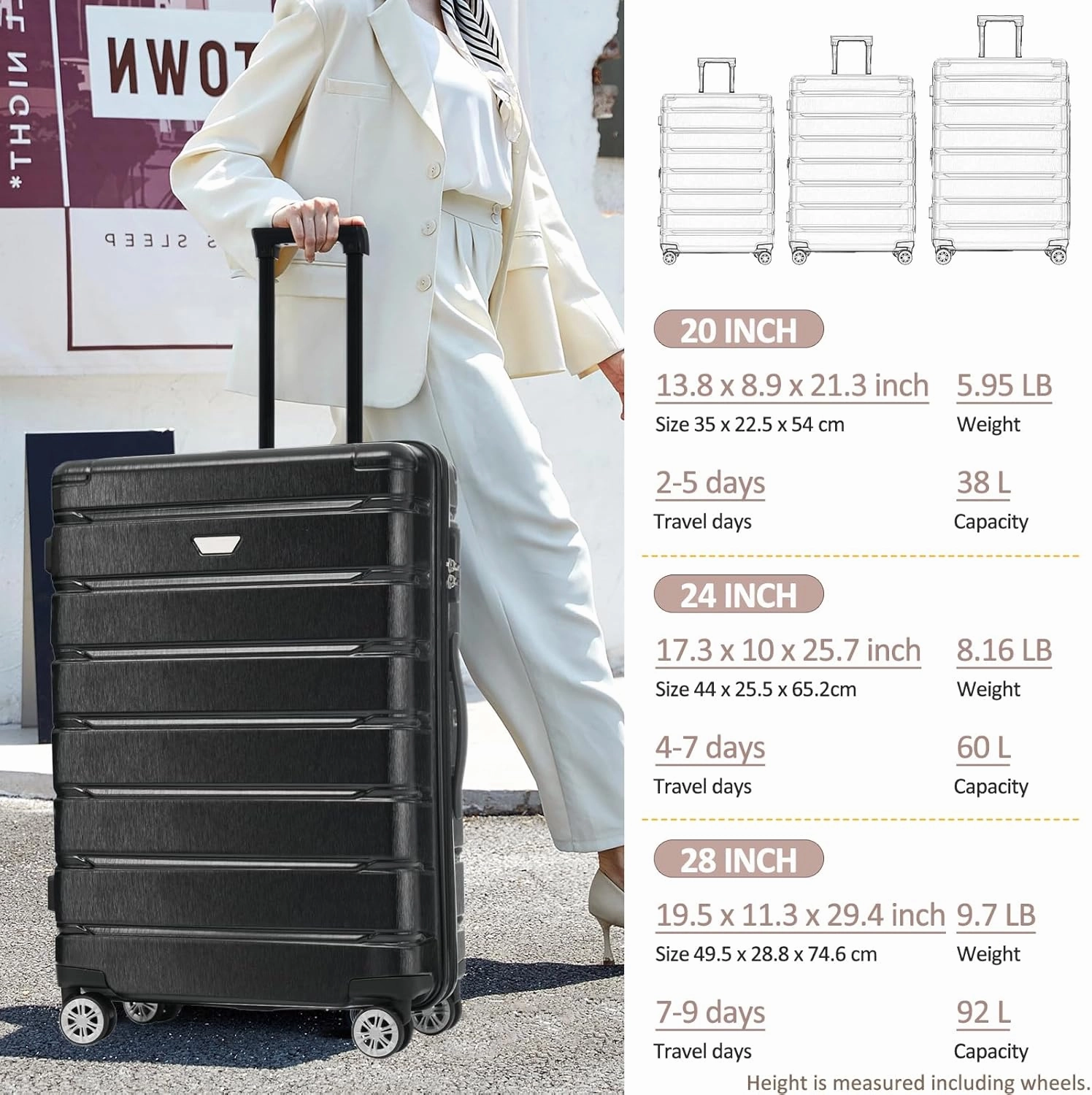 Merax Hardshell Sets ABS Suitcase for Women 3Pc Carry On Luggage, Jet Black, 20/24/28 Inch