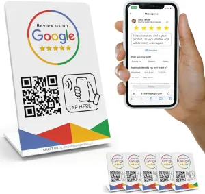 MESSAGENES Review Tap Stand for Google Reviews - 5-Stands Pack - QR & Tap NFC Stand - Review Us on Google Tap Stand - iPhone & Android - Boost My Reviews Stand - Set Up at Home, White