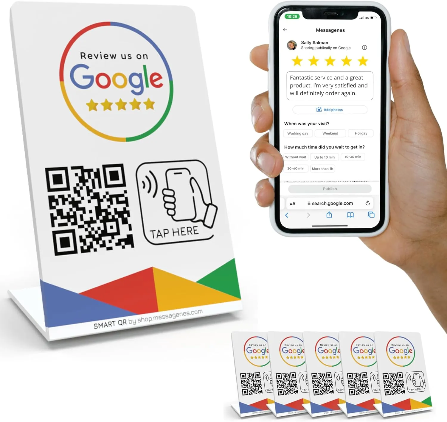 MESSAGENES Review Tap Stand for Google Reviews - 5-Stands Pack - QR & Tap NFC Stand - Review Us on Google Tap Stand - iPhone & Android - Boost My Reviews Stand - Set Up at Home, White