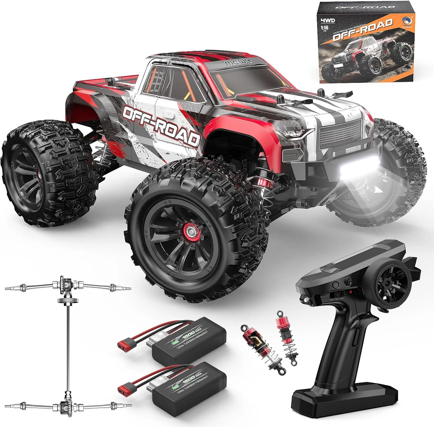 MEW4 1/16 4X4 RC Offroad Truck - RTR Durable Beginner RC Car, High Speed 38 Km/h, Remote Control Monster Truck with 2 1500 mAh Batteries,Gifts for Adult and Boys