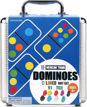 Mexican Train Dominoes Set for Adults, 105PCS - Double 12 Colored Dominoes Set Classic Tile Board Game with Aluminum Case, Domino Set 91 Tiles for Family Game Night