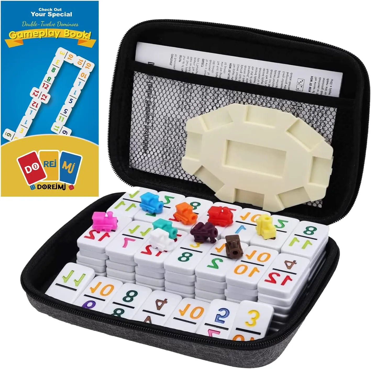 Mexican Train Dominoes Set Numbers, Double 12 Dominoes Set with 91 Colored Tiles and Protable Case, Travel Number Domino Set for Kids, Adults Family Board Team Games