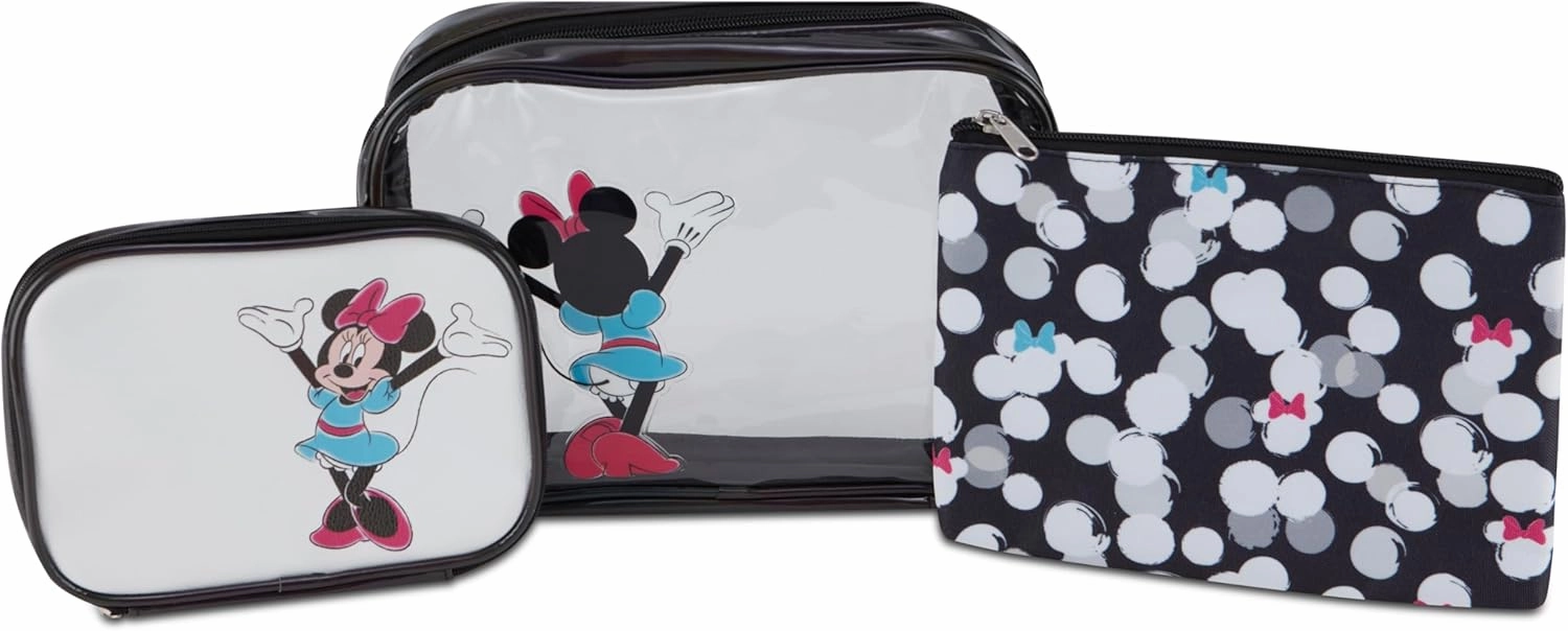 Mickey Mouse Cosmetic Case Set - Officially Licensed Mickey and Minnie Mouse Travel Cosmetic Case 3 Piece Set - Girls, Boys, Teens, Adults (Black Minnie)