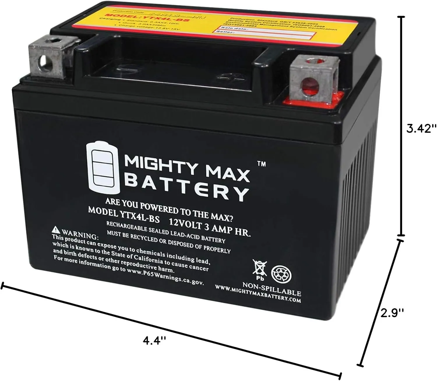 Mighty Max Battery YTX4L-BS - 12 Volt 3 AH, 50 CCA, Rechargeable Maintenance Free SLA AGM Motorcycle Battery