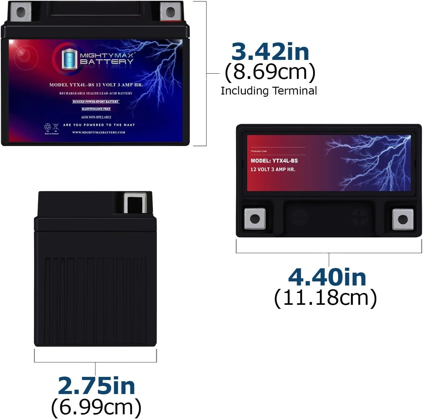 Mighty Max Battery YTX4L-BS - 12 Volt 3 AH, 50 CCA, Rechargeable Maintenance Free SLA AGM Motorcycle Battery