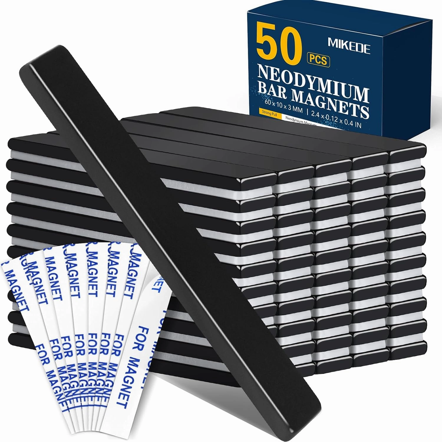 MIKEDE Rare Earth Neodymium Bar Magnets, Heavy Duty, Super Strong with Double-Sided Adhesive, Powerful Magnets for Craft, Fridge, Kitchen, Office - 60x10x3mm, 50 Pack