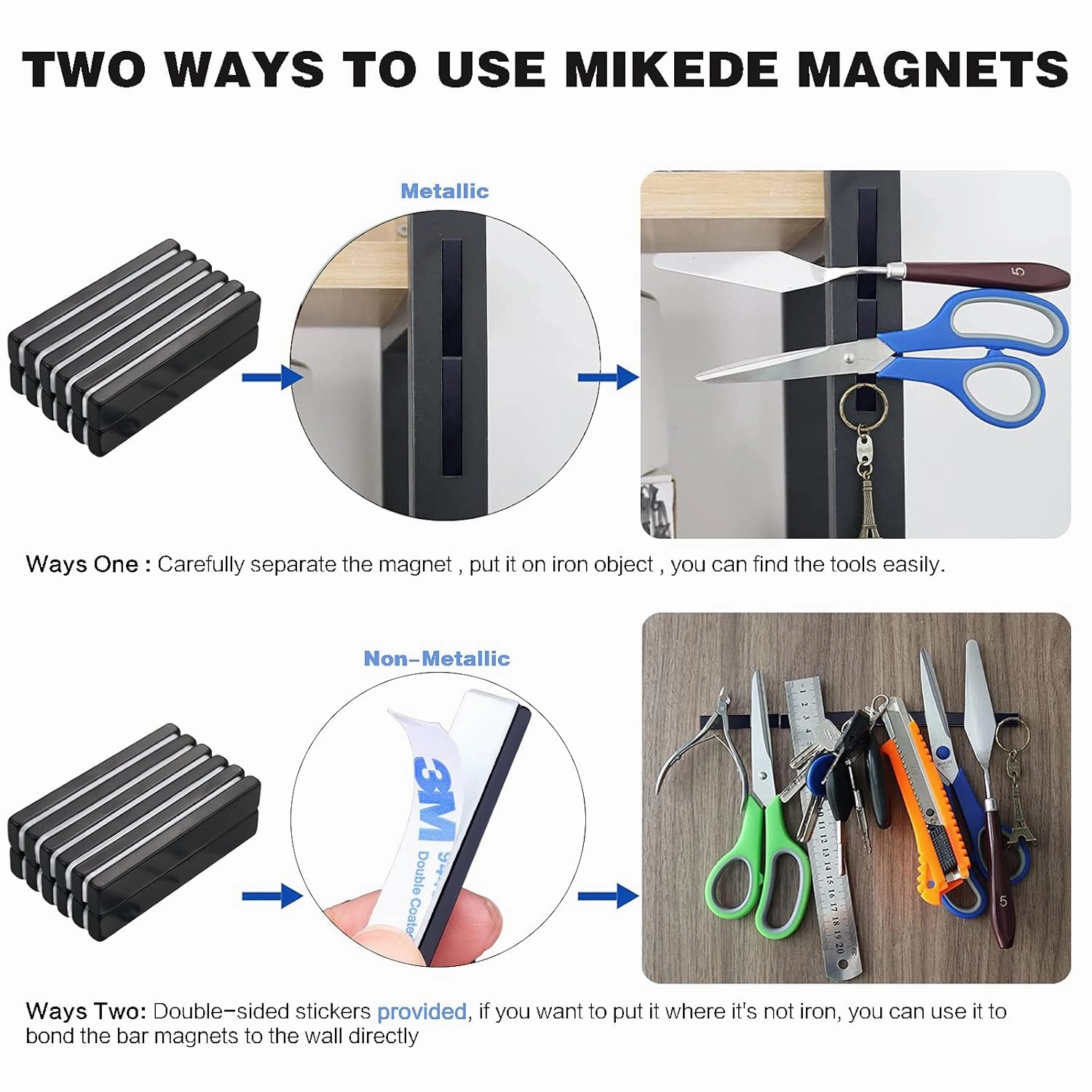 MIKEDE Rare Earth Neodymium Bar Magnets, Heavy Duty, Super Strong with Double-Sided Adhesive, Powerful Magnets for Craft, Fridge, Kitchen, Office - 60x10x3mm, 50 Pack