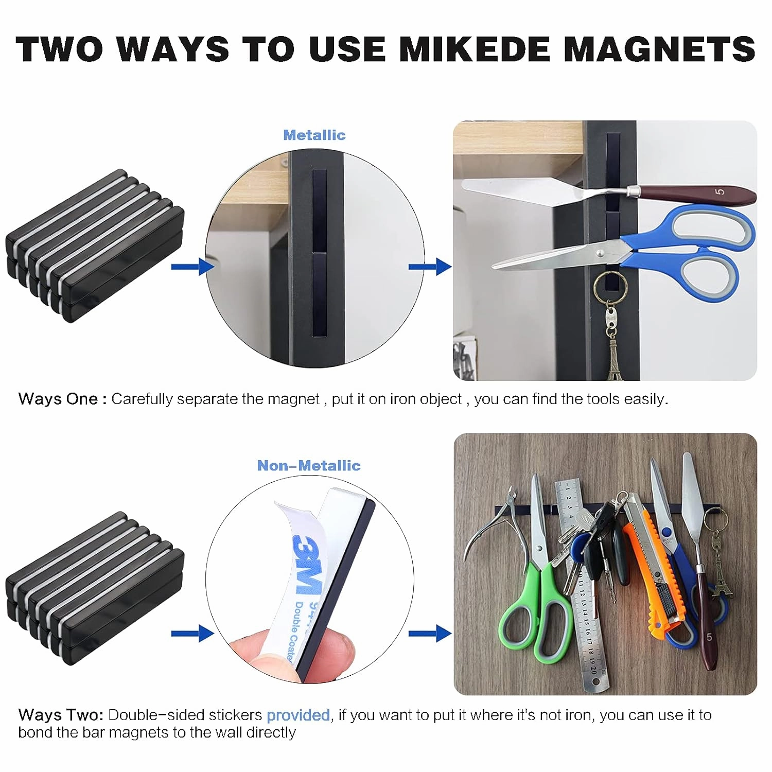 MIKEDE Rare Earth Neodymium Bar Magnets, Heavy Duty, Super Strong with Double-Sided Adhesive, Powerful Magnets for Craft, Fridge, Kitchen, Office - 60x10x3mm, 50 Pack