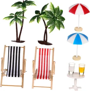 Milisten Miniature Beach Micro Landscape Set Doll House Decor with Palm Trees Umbrellas Deckchairs Drinks and Round Table for Fairy Garden Decoration