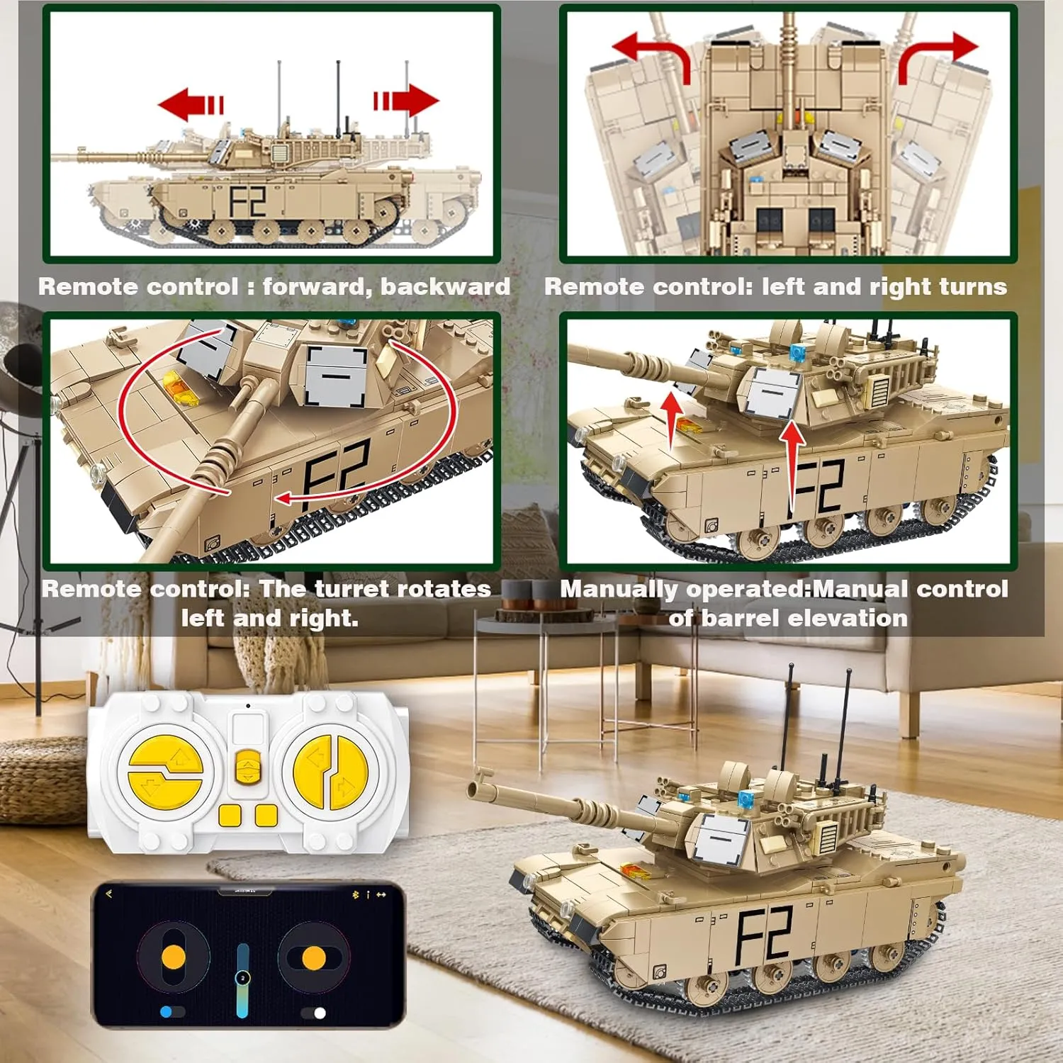 Military M1A2 RC Tank Building Toys - 1096 PCS WW2 Army Toys Blocks for Adults, World of Tanks Set for Sons, Grandchildren, Nieces, Nephews - Christmas & Birthday Gift