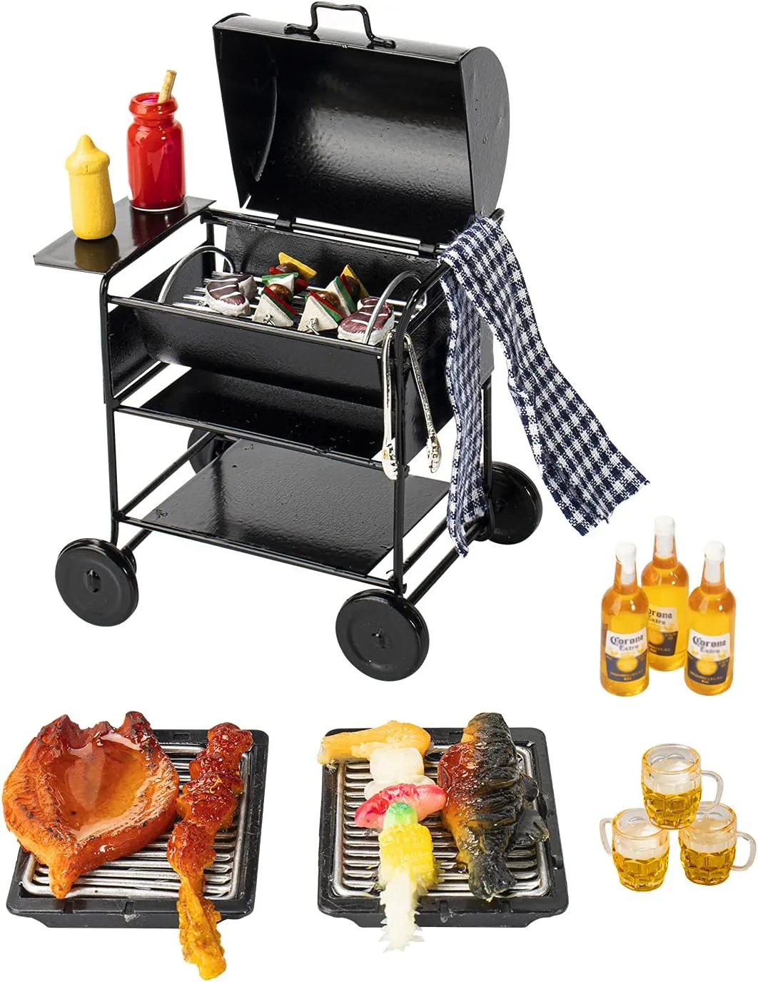 Mini House Miniature Square Barbecue Grill Oven Figurine Garden Cooking Tool Kitchen Accessories Decoration Fake Barbecue Food Realistic Drink Beer Models for 1/12,1/6 Miniature DIY Decoration