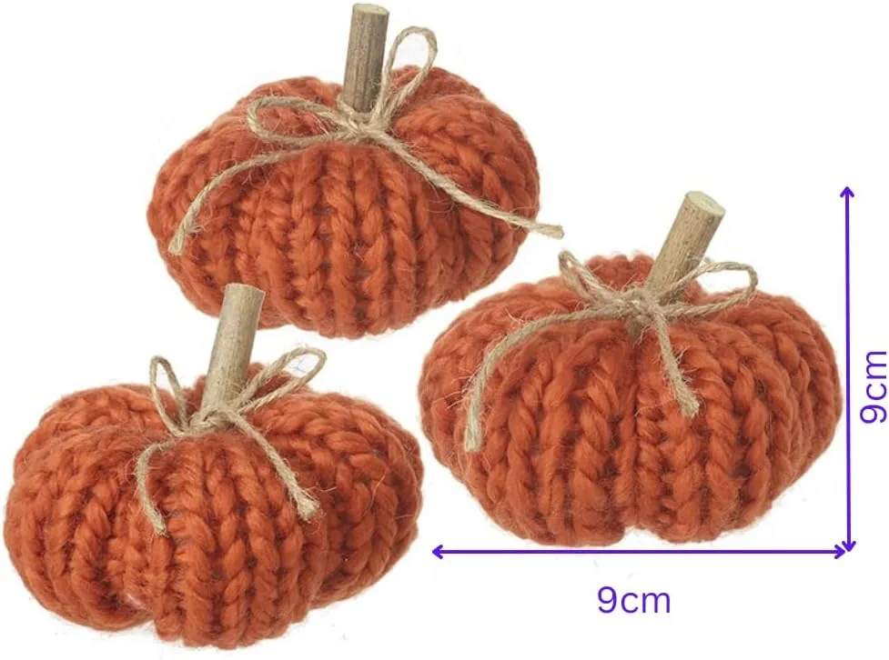 Mini Knitted Orange Pumpkin Set of Three with Wooden Stalks and Jute Bows - Hygge Scandi Halloween Autumn Decor