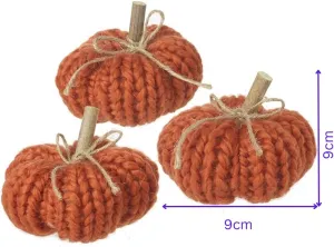 Mini Knitted Orange Pumpkin Set of Three with Wooden Stalks and Jute Bows - Hygge Scandi Halloween Autumn Decor