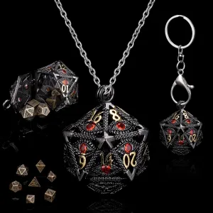 Mini Metal DND Dice Set Hollow D20 Necklace Dice DND Case Metal Dice Set DND Keychain 7PCS Dice Set Black Red