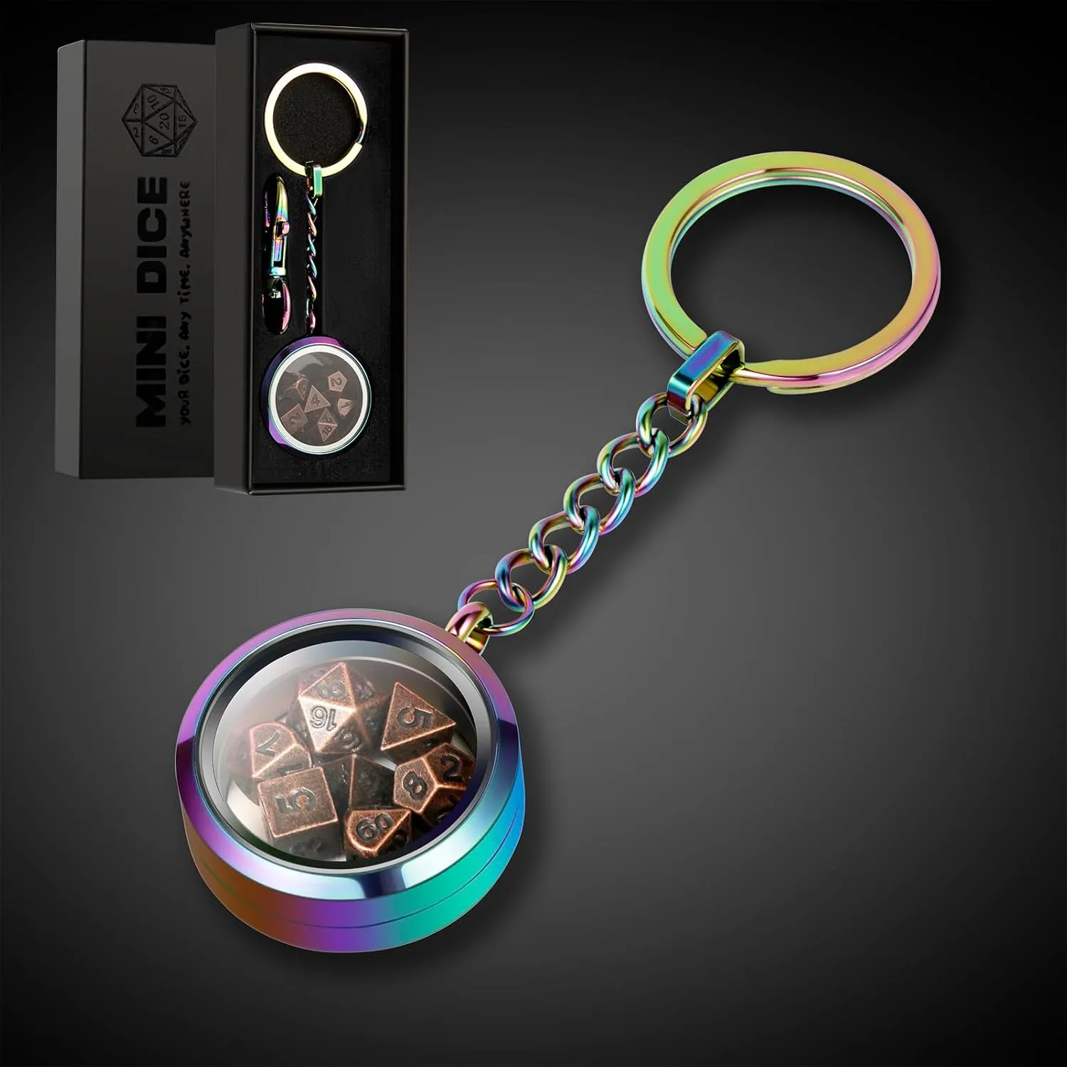 Mini Metal DND Dice,DNDND 6mm Tiny Metallic Dice Set with Kyechain and Stainless Steel Case and Gorgeous Gift Dice Box for Dungeons and Dragon D&D Game (Brass with Rainbow Case)