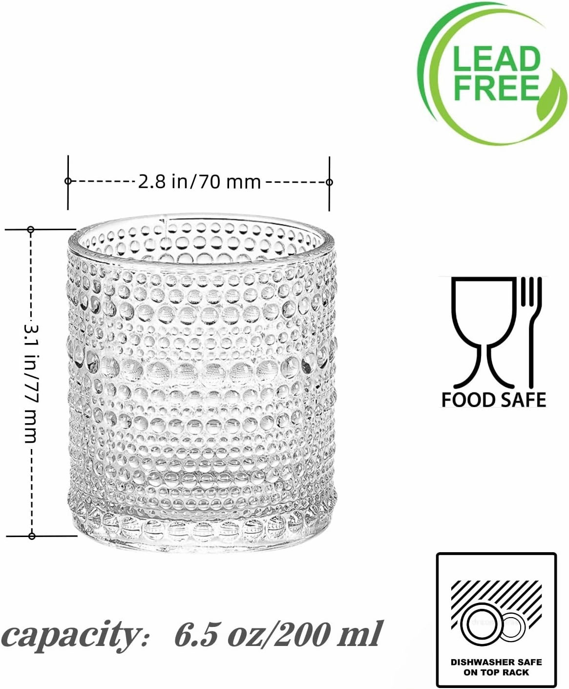Mini Rock Glasses, 6.5 oz（200ml） Small Whiskey Glasses Shot Glass Hobnail Drinking Glasses Set 6, Embossed Vintage Glassware Set for Beer, Cocktail, Soda, Beverage Clear