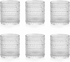 Mini Rock Glasses, 6.5 oz（200ml） Small Whiskey Glasses Shot Glass Hobnail Drinking Glasses Set 6, Embossed Vintage Glassware Set for Beer, Cocktail, Soda, Beverage Clear