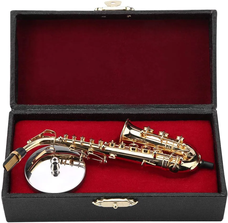 Miniature Alto Saxophone, Mini Musical Instrument Saxophone with Stand and Case Simulate Instrument Miniature Dollhouse Model Ornament Collection