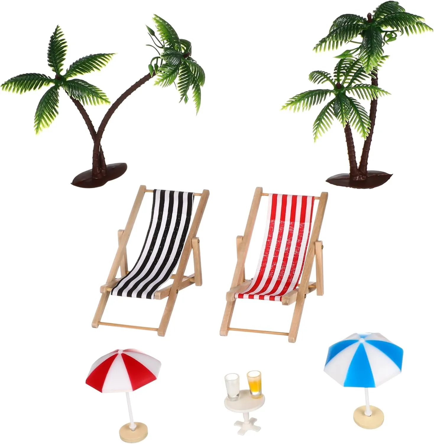 Miniature Beach Set for Dollhouse Coconut Trees Beach Chairs Umbrellas Drinks Round Tea Table Micro Landscape Decor for Fairy Garden and Miniature Gardens