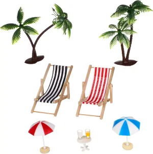 Miniature Beach Set with Deckchairs Parasols and Palm Trees Micro Landscape Decor for Fairy Garden and Dollhouse Present for Beach Lovers and Decor