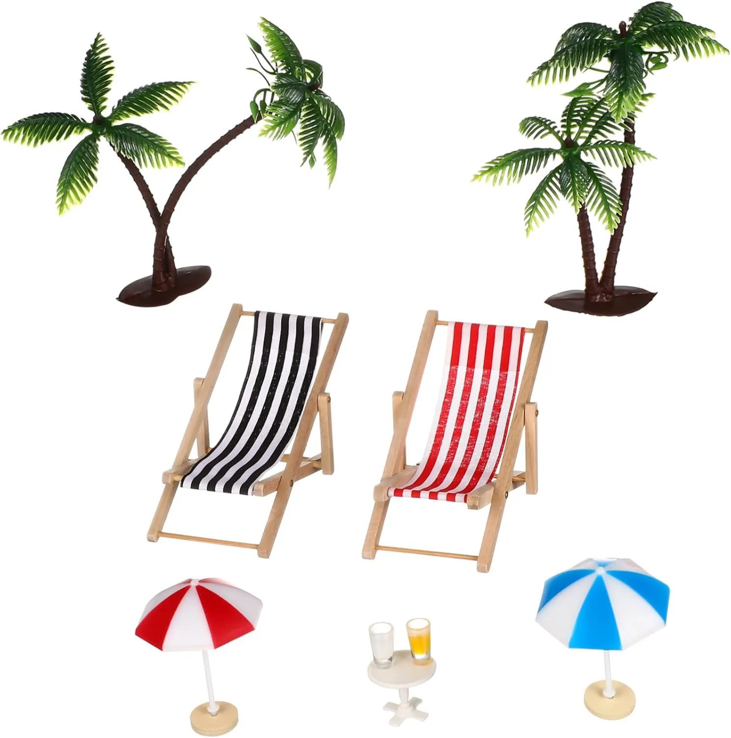 Miniature Beach Set with Deckchairs Parasols and Palm Trees Micro Landscape Decor for Fairy Garden and Dollhouse Present for Beach Lovers and Decor