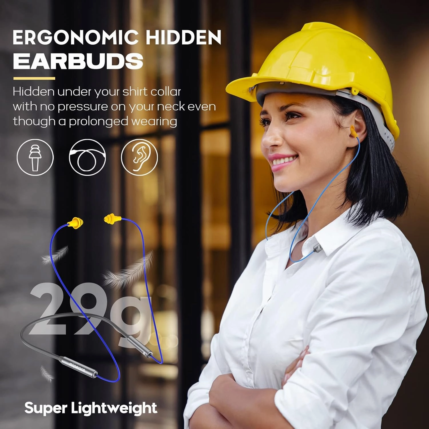 MIPEACE Bluetooth Earplug Headphones, Neckband Wireless Earbuds earplugs-29db Noise Reduction isolating in-Ear earplug Earphones with Controls,IPX5 sweatproof,19 Hour Battery(Gray)