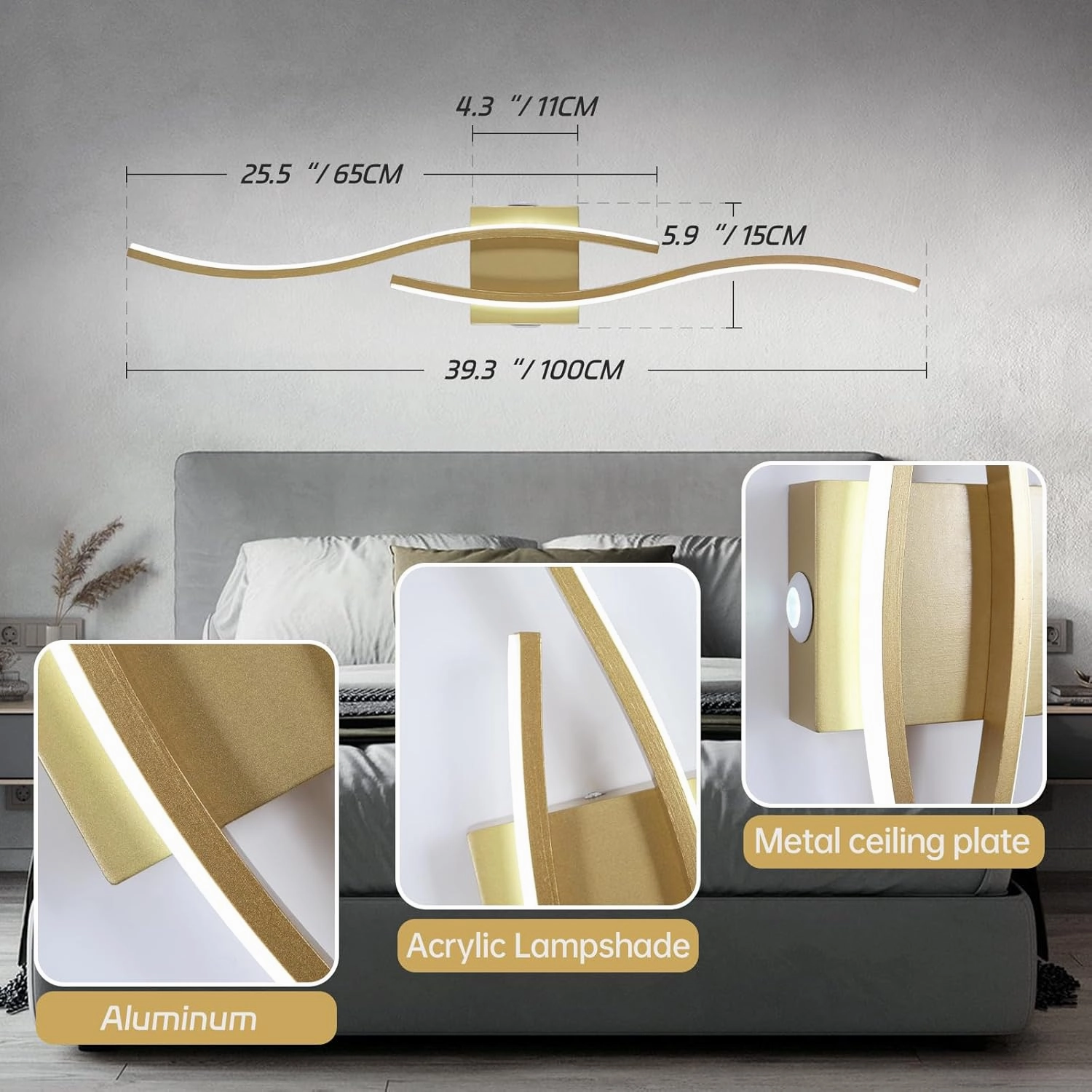 Modern Led Wall Sconces, 32inch Bathroom Mirror Vanity Light,28W 6000K Wall Light Fixtures Stair Lights, Indoor Wall Decor Bedside Wall Lamp for Bedroom Living Room Hallway Hotel - Gold
