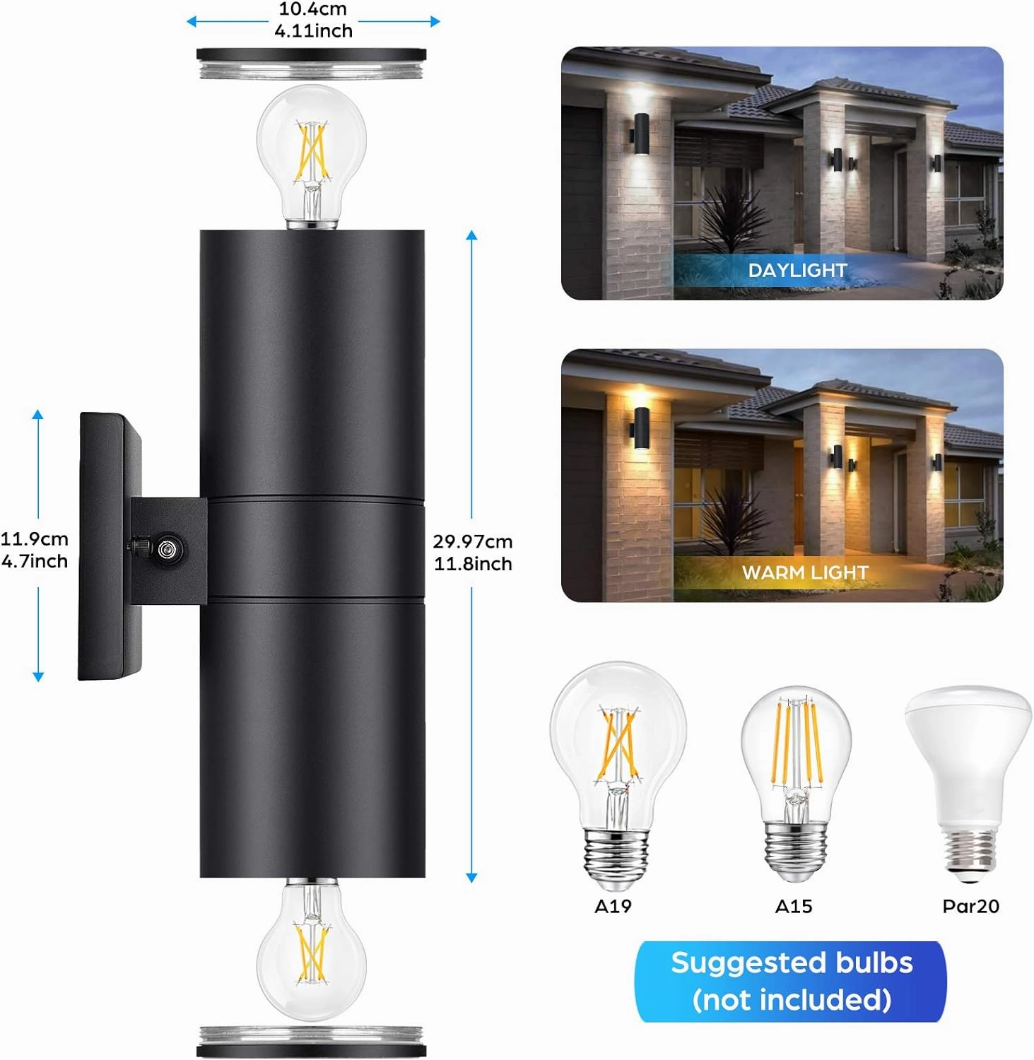 Modern Outdoor Wall Light with Dusk to Dawn Sensor, Exterior Light Fixture Wall Mount Waterproof Anti-Rust Cylinder, Up and Down 2 Lights Black Sconces for Porch Patio House Outside Entryway, 2-Pack