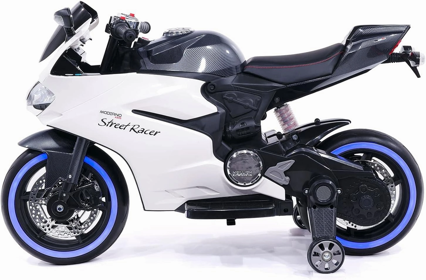 Moderno Kids Street Racer 12V Battery Power Electric Children Ride-On Motorcycle Bike   EVA Foam Rubber Tires   Leather Seat   MP3 USB Music Player   LED Lights   Training Wheels