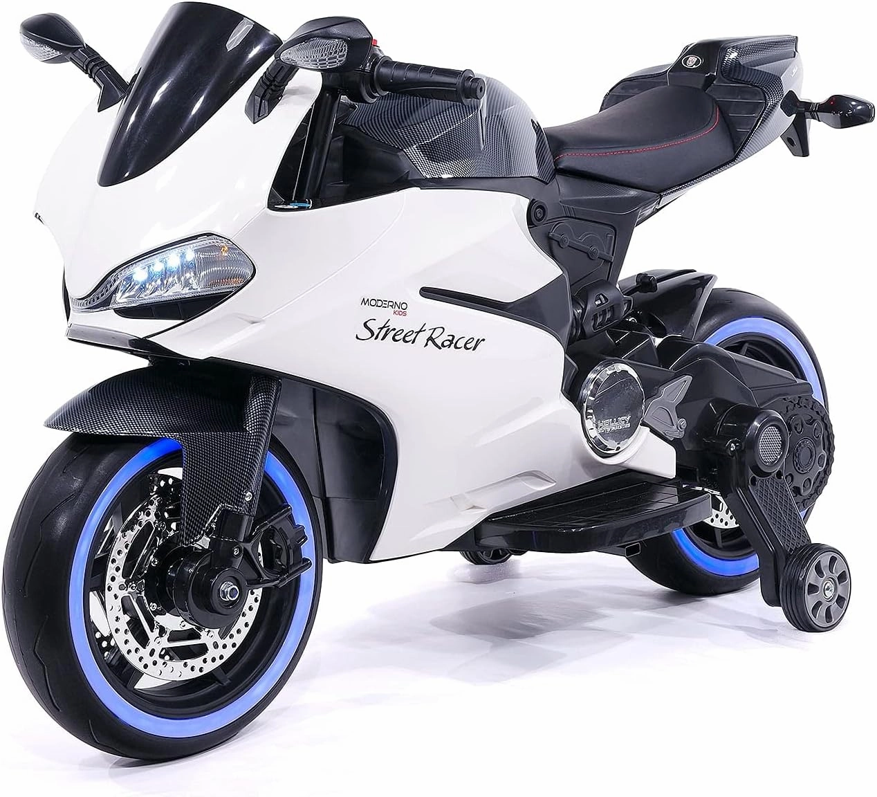 Moderno Kids Street Racer 12V Battery Power Electric Children Ride-On Motorcycle Bike   EVA Foam Rubber Tires   Leather Seat   MP3 USB Music Player   LED Lights   Training Wheels