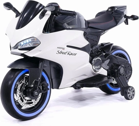 Moderno Kids Street Racer 12V Battery Power Electric Children Ride-On Motorcycle Bike   EVA Foam Rubber Tires   Leather Seat   MP3 USB Music Player   LED Lights   Training Wheels
