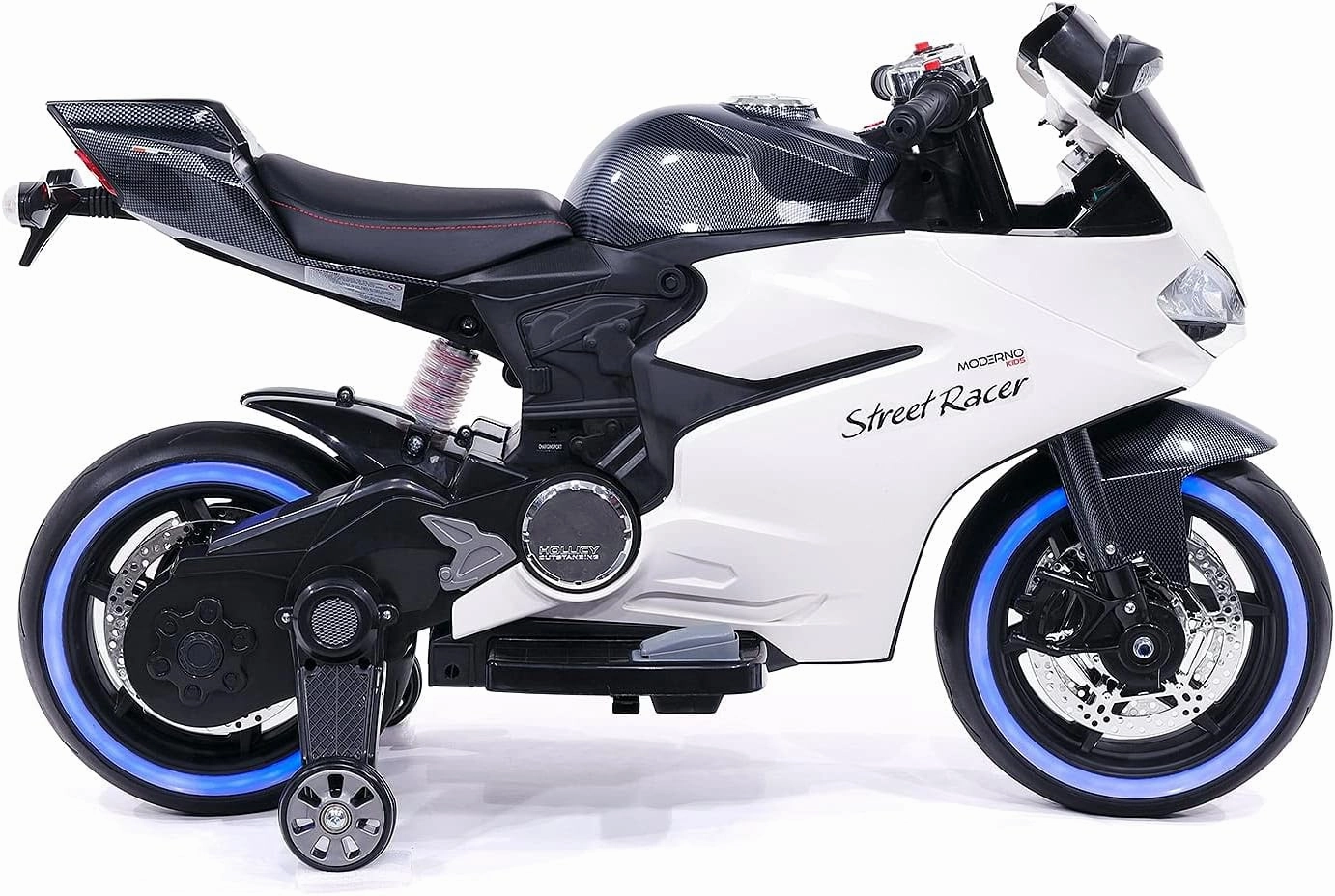 Moderno Kids Street Racer 12V Battery Power Electric Children Ride-On Motorcycle Bike   EVA Foam Rubber Tires   Leather Seat   MP3 USB Music Player   LED Lights   Training Wheels