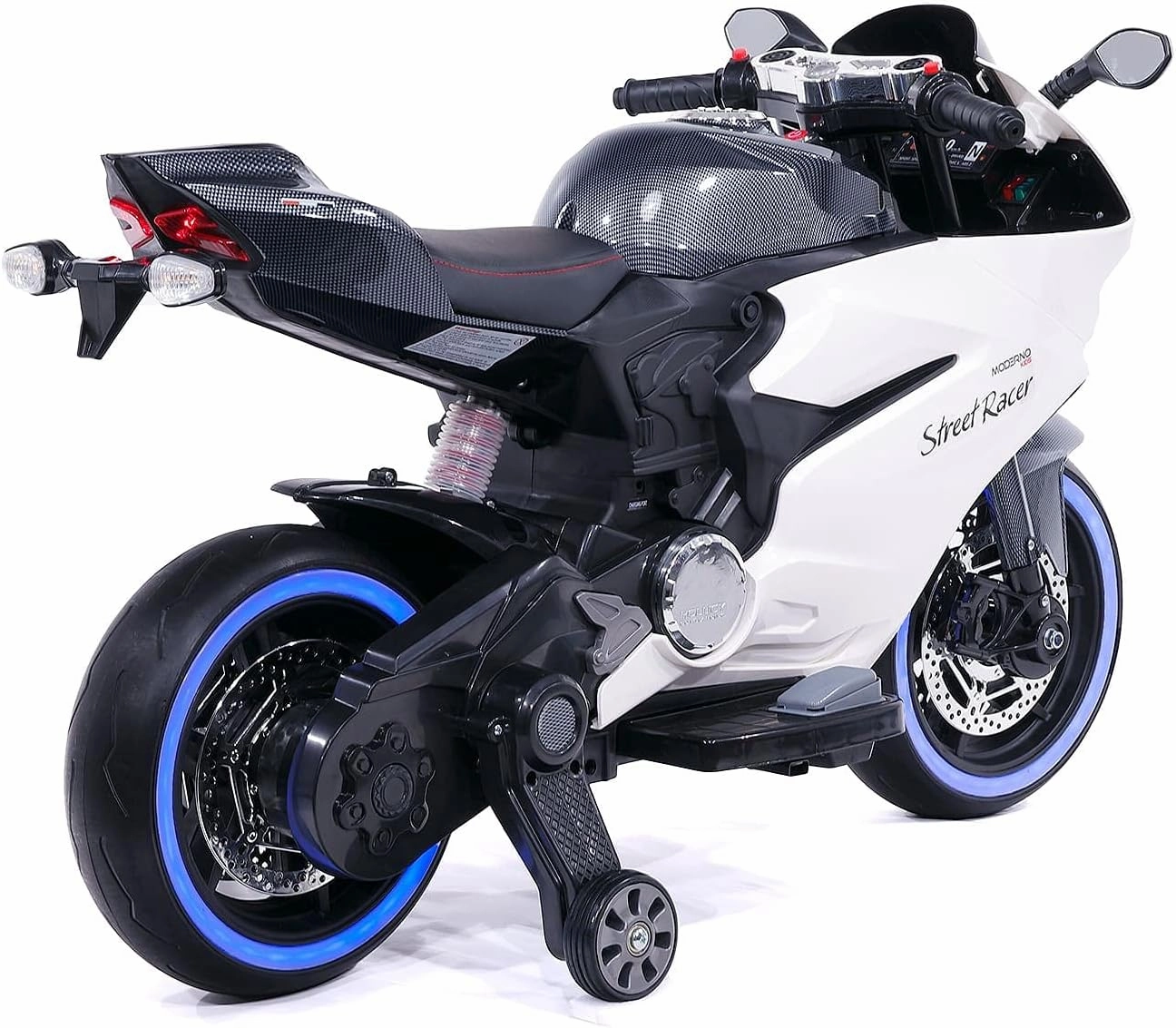 Moderno Kids Street Racer 12V Battery Power Electric Children Ride-On Motorcycle Bike   EVA Foam Rubber Tires   Leather Seat   MP3 USB Music Player   LED Lights   Training Wheels