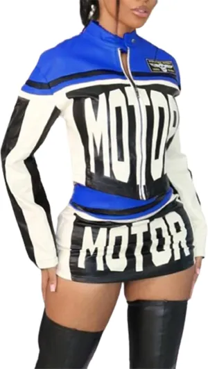 Molilove Women's 2 Piece Outfits Zipper Jacket High Waist Bodycon Mini Skirt Set Motorcycle Varsity Jacket Coat Streetwear
