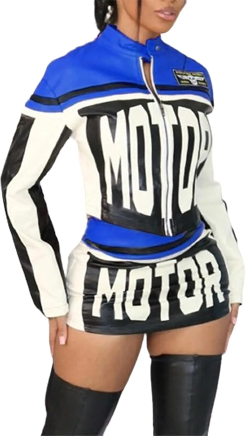 Molilove Women's 2 Piece Outfits Zipper Jacket High Waist Bodycon Mini Skirt Set Motorcycle Varsity Jacket Coat Streetwear