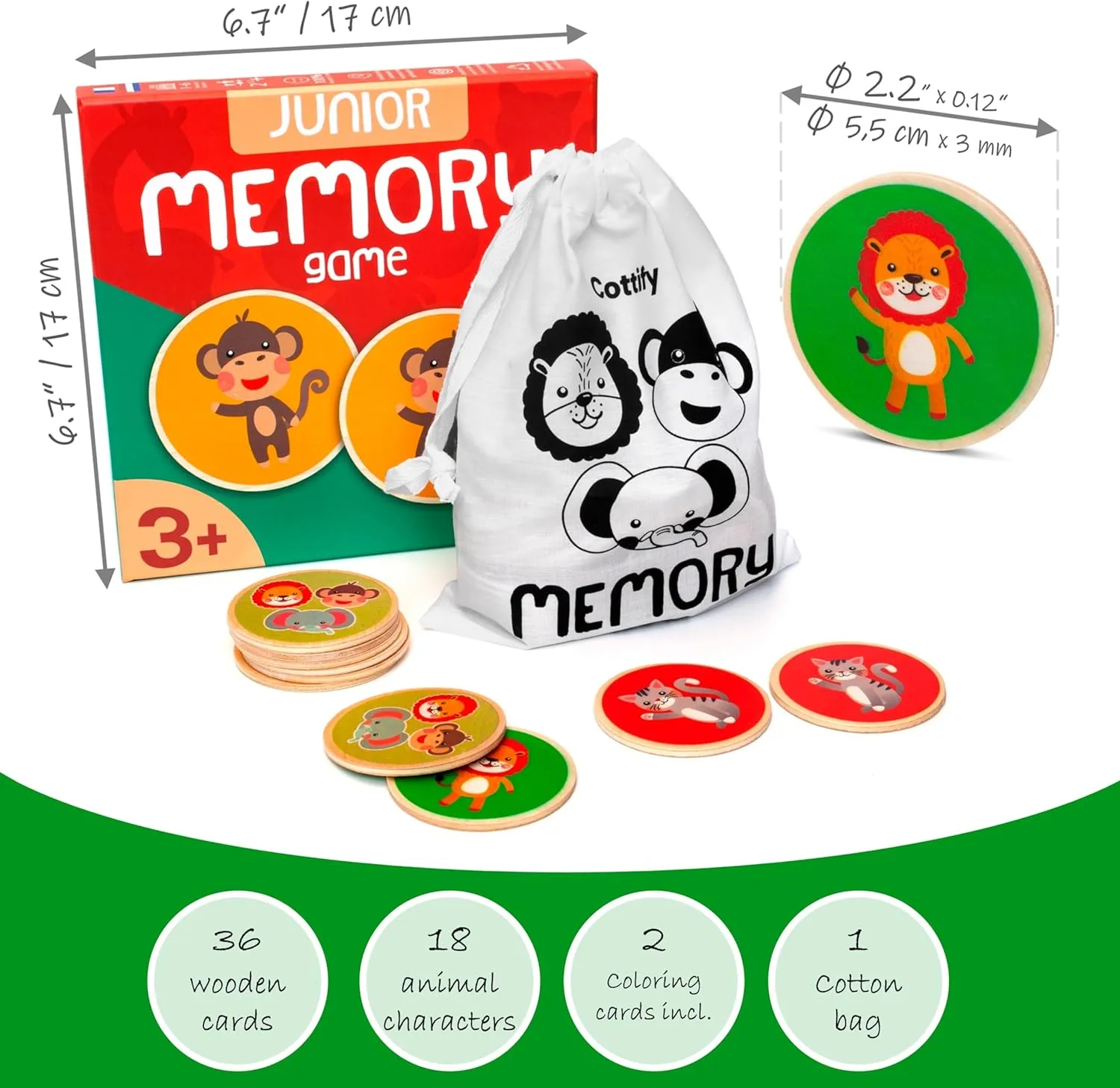 Montessori-Inspired Wooden Matching Game for Toddlers 2-4 Years - Durable, Scratch-Resistant 36 Card Set, Includes Carry Bag - Memory Game for Toddlers 2-4 Years - Cognitive Verbal Skills Development