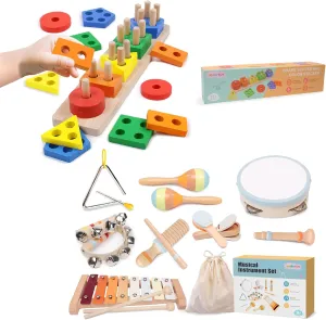 Montessori Toys for 1 Year Old, Wooden Baby Toys Sensory Educational Musical and Color Sorting Toys for Toddlers 1-3