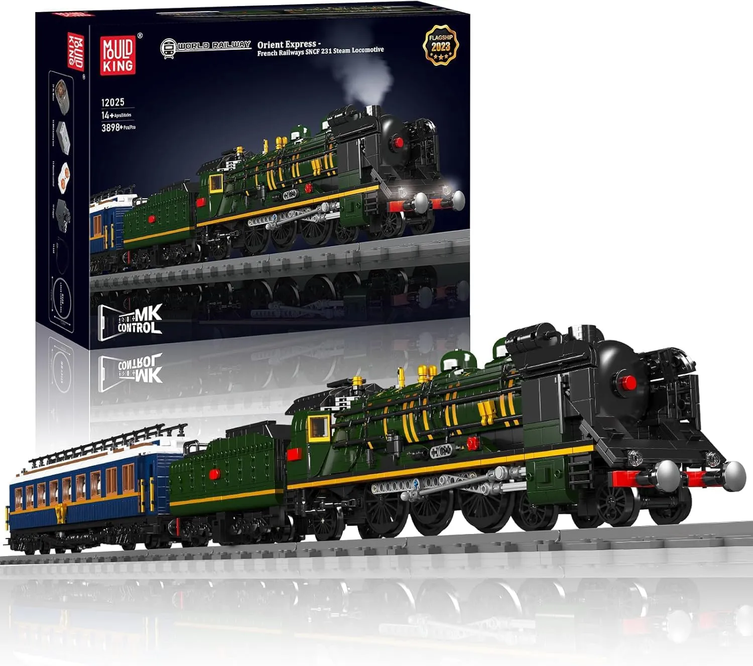 Mould King 12025 Train Building Toy, Steam Locomotive Lighting Train Building Blocks Set with LED Light, RC Control Train with Motors and Tracks(3898 Pieces)
