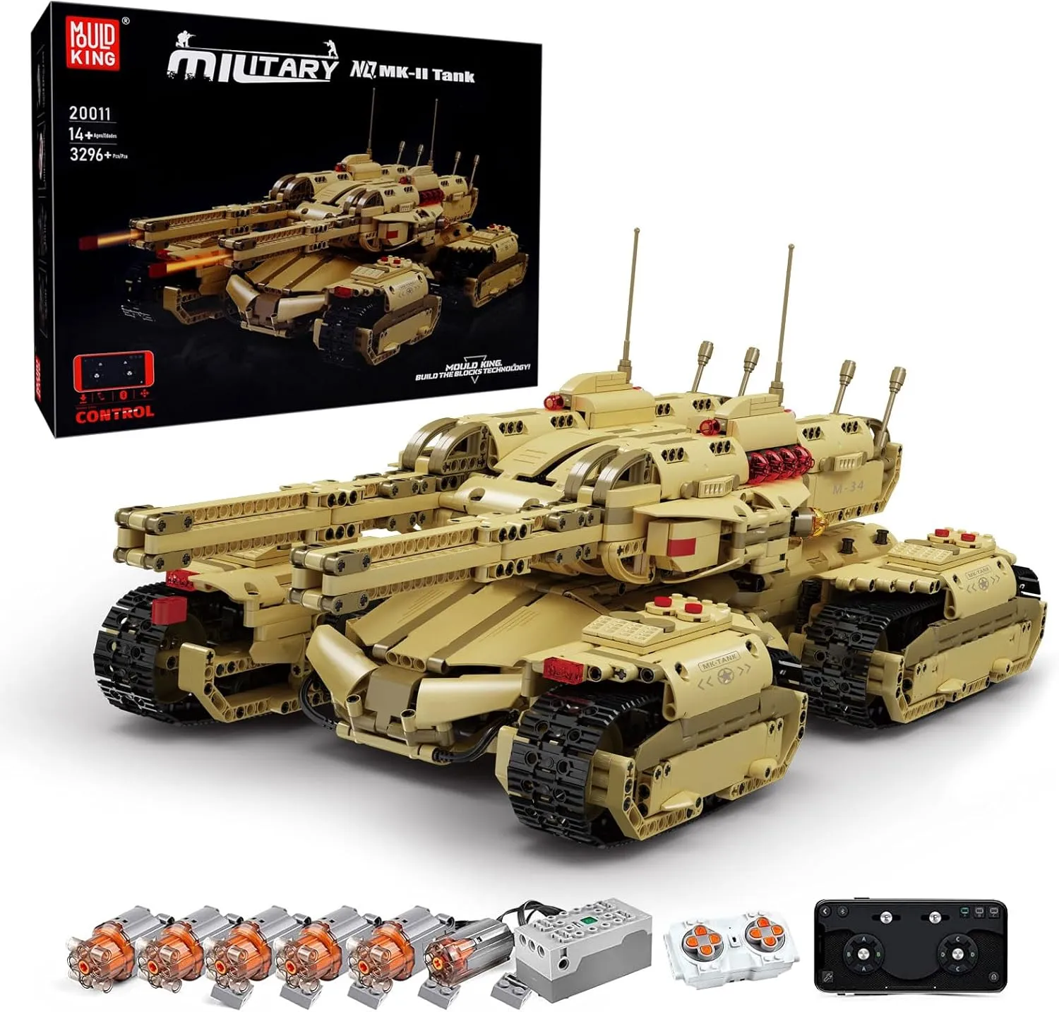 Mould King 20011 Technology MOC Building Block Mammoth Tank, Remote Control Rechargeable RC Tank Model Kit for Adults