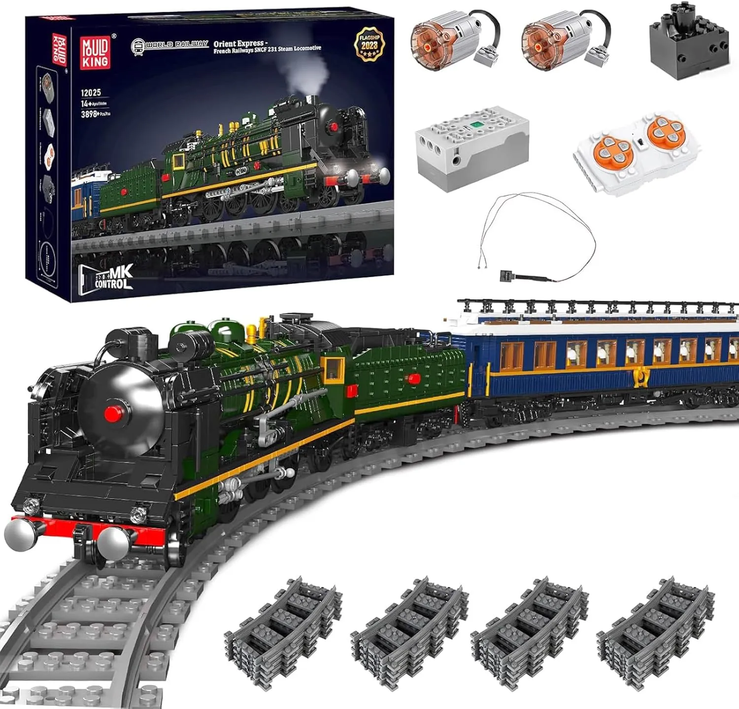 Mould King Orient Express Steam Locomotive Train Building Kit with LED Lighting, Remote/App Control Passenger Toy Block Set, Train Model with Motors and Tracks for Adults Kids(3898 PCS)