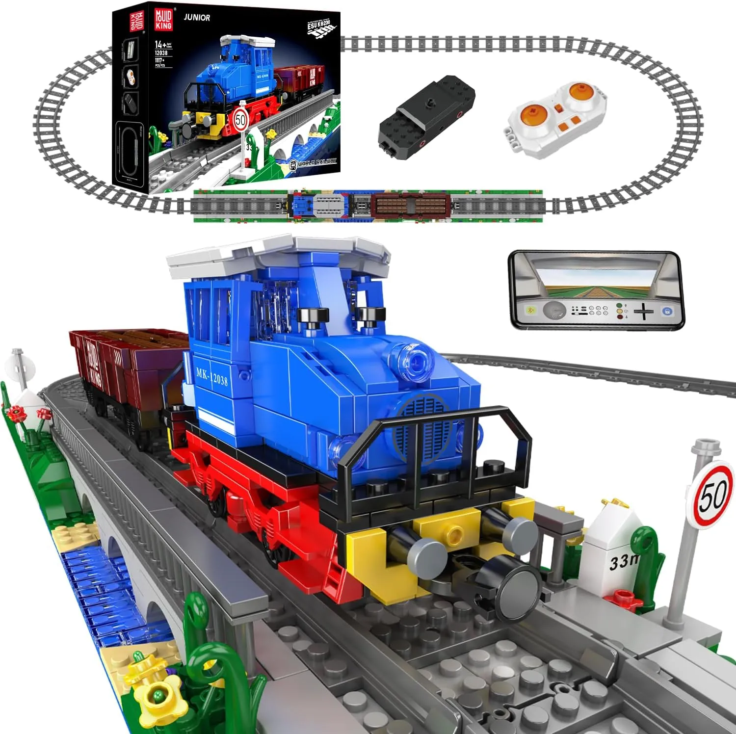 Mould King RC Train Building Blocks, 1117  PCS MOC Diesel Locomotive Train Model Kit with Bridge and Tracks, App Control ESU KG230 Train Set for Adults Kids Collections Enthusiasts 8 