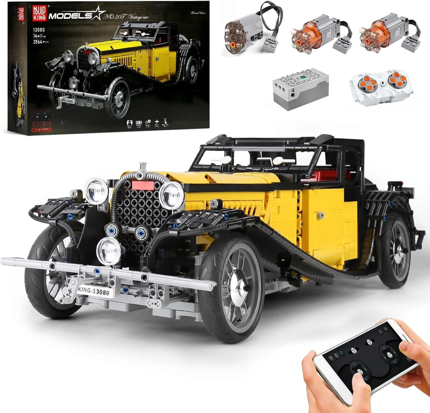Mould King Vintage Car Technique Building Block Kits, MOC Racing Car Model Toy, Vehicle Gifts for Kid Age 8 /Adult-3564 Pieces(Dyanamic Version)