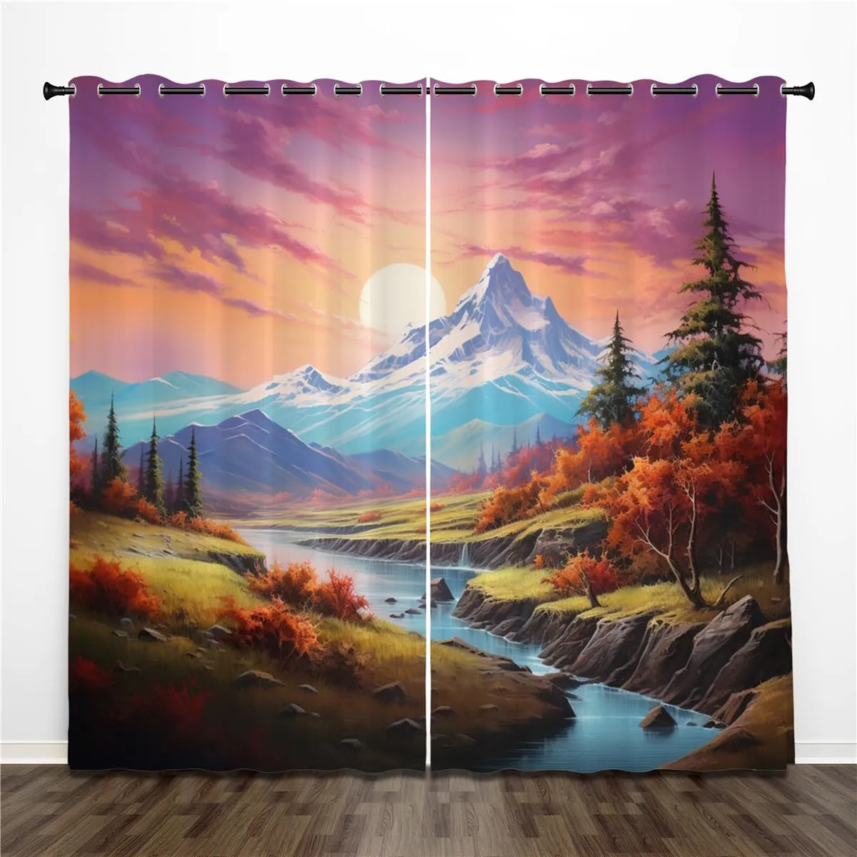 Mountain Grommet Blackout Curtains 2 Panels-21Wx63L Each, Beautiful Scenery of Mountain/Pine Forest/River Thermal Insulated Darkening Curtains for Bedroom and Living Room