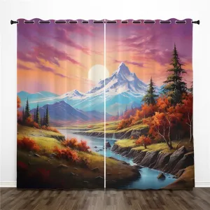 Mountain Grommet Blackout Curtains 2 Panels-21Wx63L Each, Beautiful Scenery of Mountain/Pine Forest/River Thermal Insulated Darkening Curtains for Bedroom and Living Room